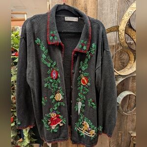 Vintage Black Cardigan with Festive‎ Embroidery